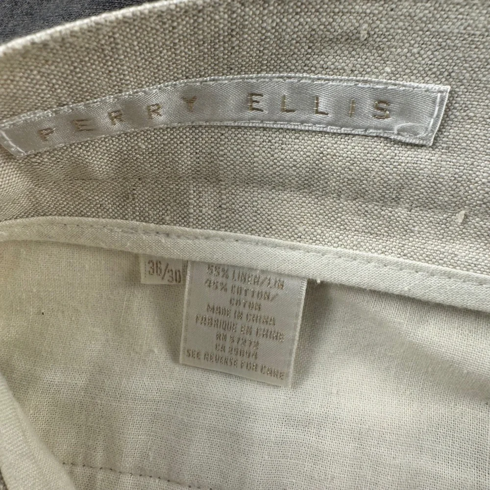 Perry Ellis Mens 36x30 Linen Cotton Blend Pleated Cuffed Trousers Beige Oatmeal